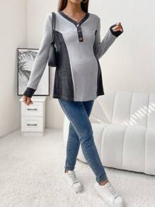 SHEIN Maternity Color Block Half Button Tee - Multicolor - View 5