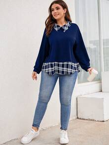 SHEIN LUNE 大碼格紋印花落肩袖二合一運動衫 - 藏蓝色 - 查看 3