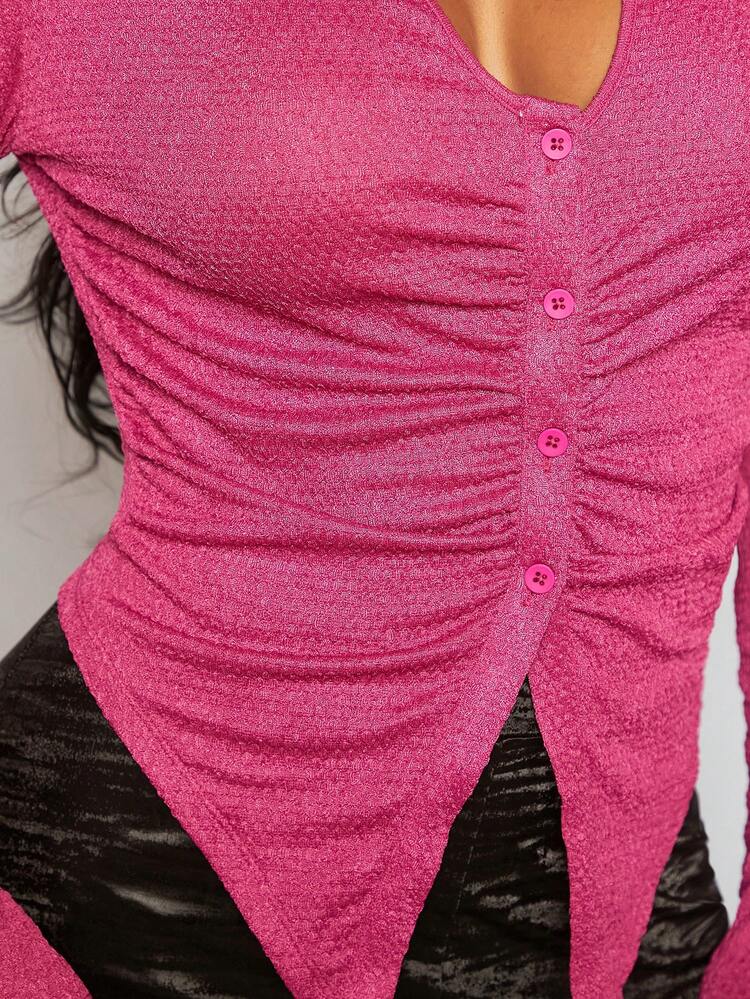 Ruched Button Front Asymmetrical Hem Tee