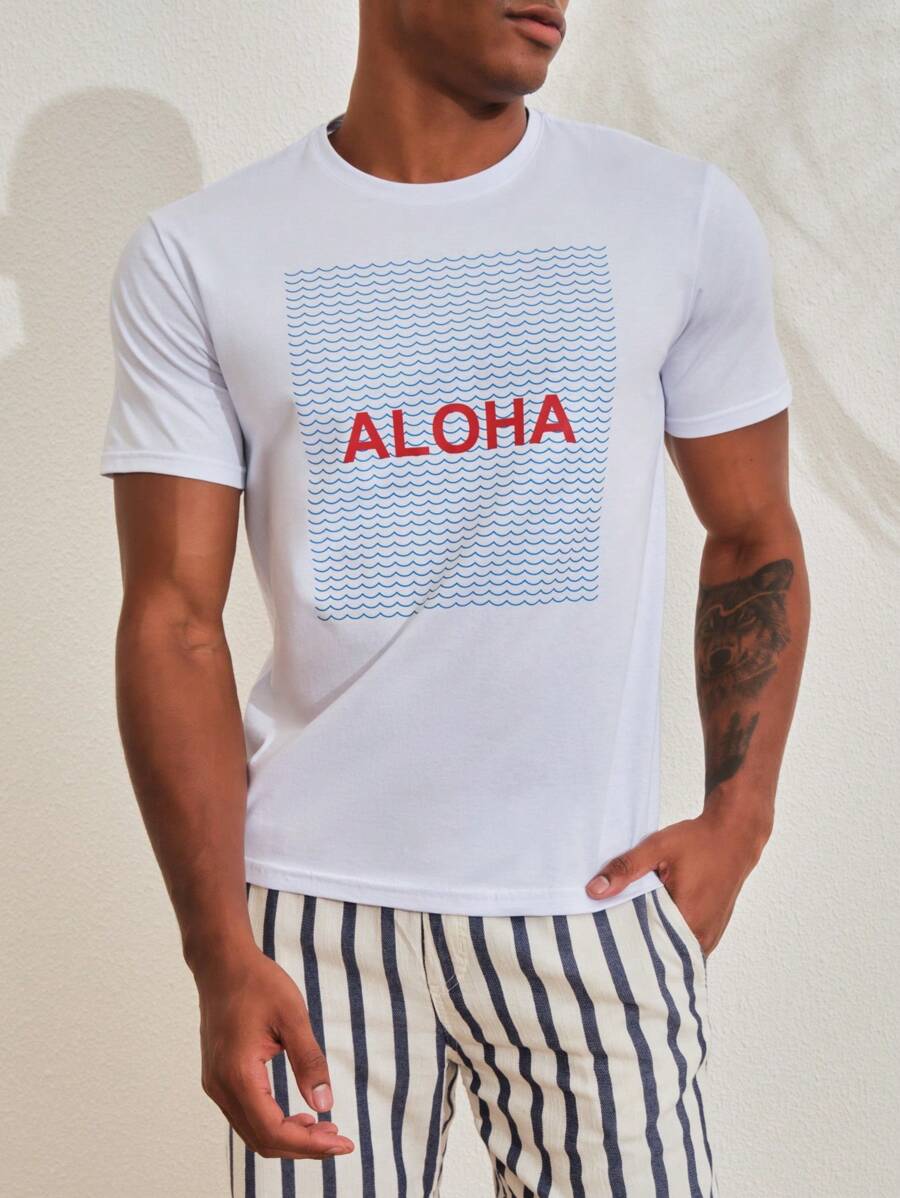 SHEIN Camiseta de Manga Curta Masculina com Estampa - Branco - Visão 1