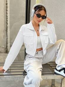 SHEIN Unity Túi có nắp Thả vai Áo khoác - trắng - Xem 5