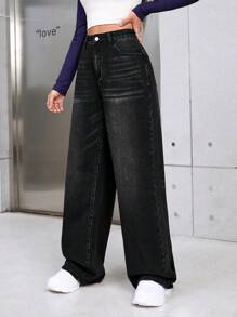 Solid Wide Leg Jeans - Black - View 8