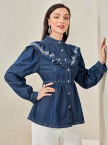 Seusyu Embroidery Ruffle Trim Button Front Peplum Denim Blouse - Dark Wash - View 1