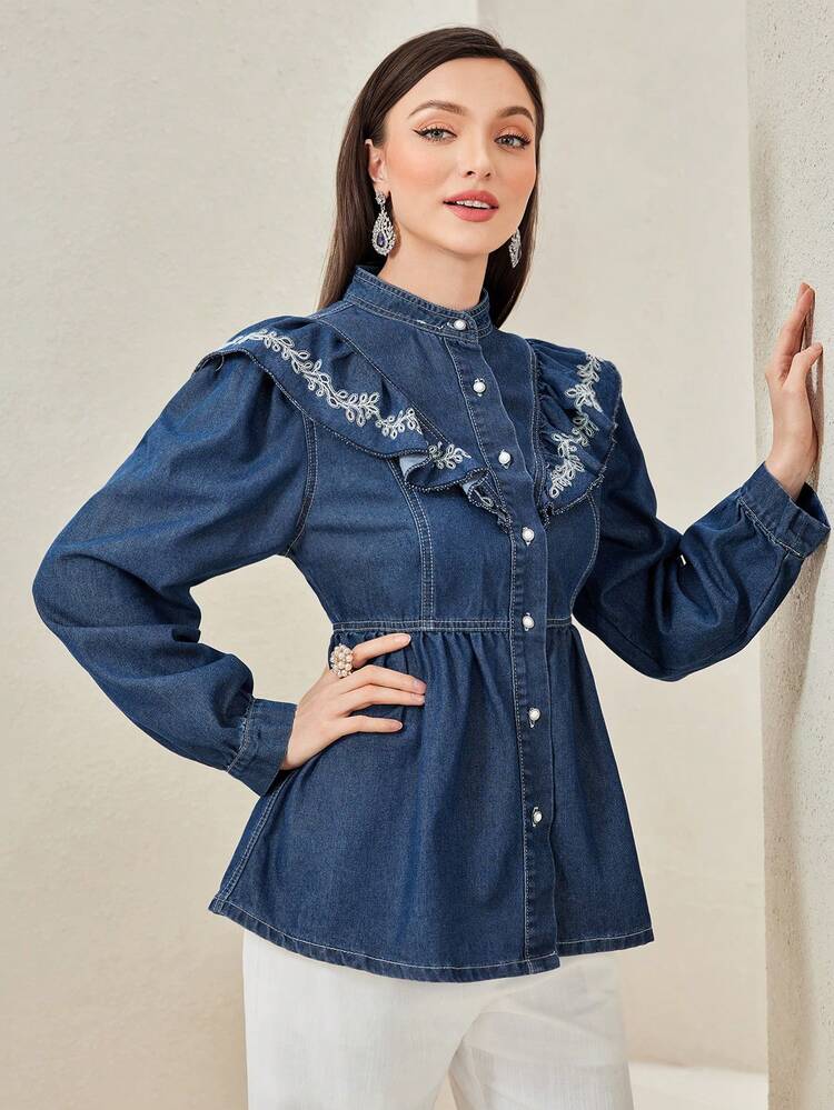 Embroidery Ruffle Trim Button Front Peplum Denim Blouse