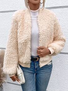 SHEIN VCAY 拉鏈開襟毛茸茸飛行員夾克 - 杏色 - 查看 1