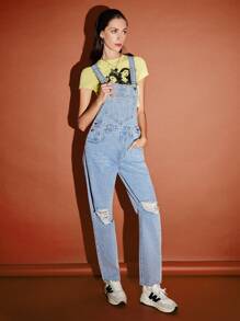 SHEIN EZwear Ripped Patched Pocket Denim Dungarees Without Tee - Light Wash - View 3