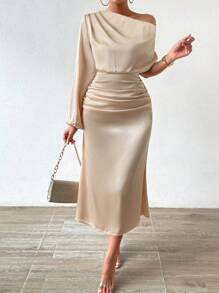 Chiquease Asymmetrical Neck Ruched Detail Lantern Sleeve Dress Fall Cloth For Women - Apricot - View 2