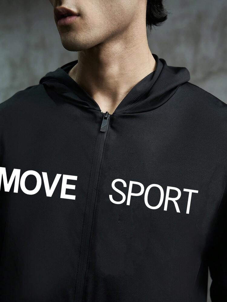 Men Letter Graphic Zip Up Hooded Sports Jacket Workout Tops Sports Jacket