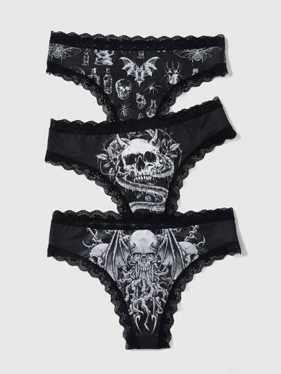 Goth 3Packs Plus Skull Print Contrast Lace Panty Set