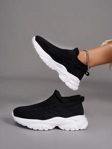 Teenagers' Breathable Sport Style Socks Shoes, Solid Color Sneakers - Black - View 3