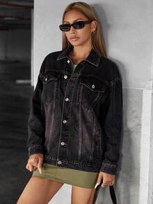 SHEIN EZwear Drop Shoulder Flap Pocket Denim Jacket - Black - View 5