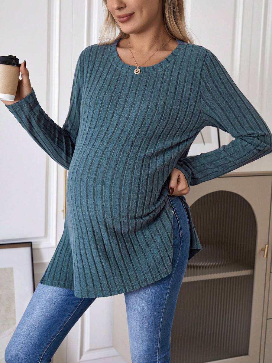 SHEIN Maternity Ribbed Knit Split Hem Tee - Dusty Blue - View 1