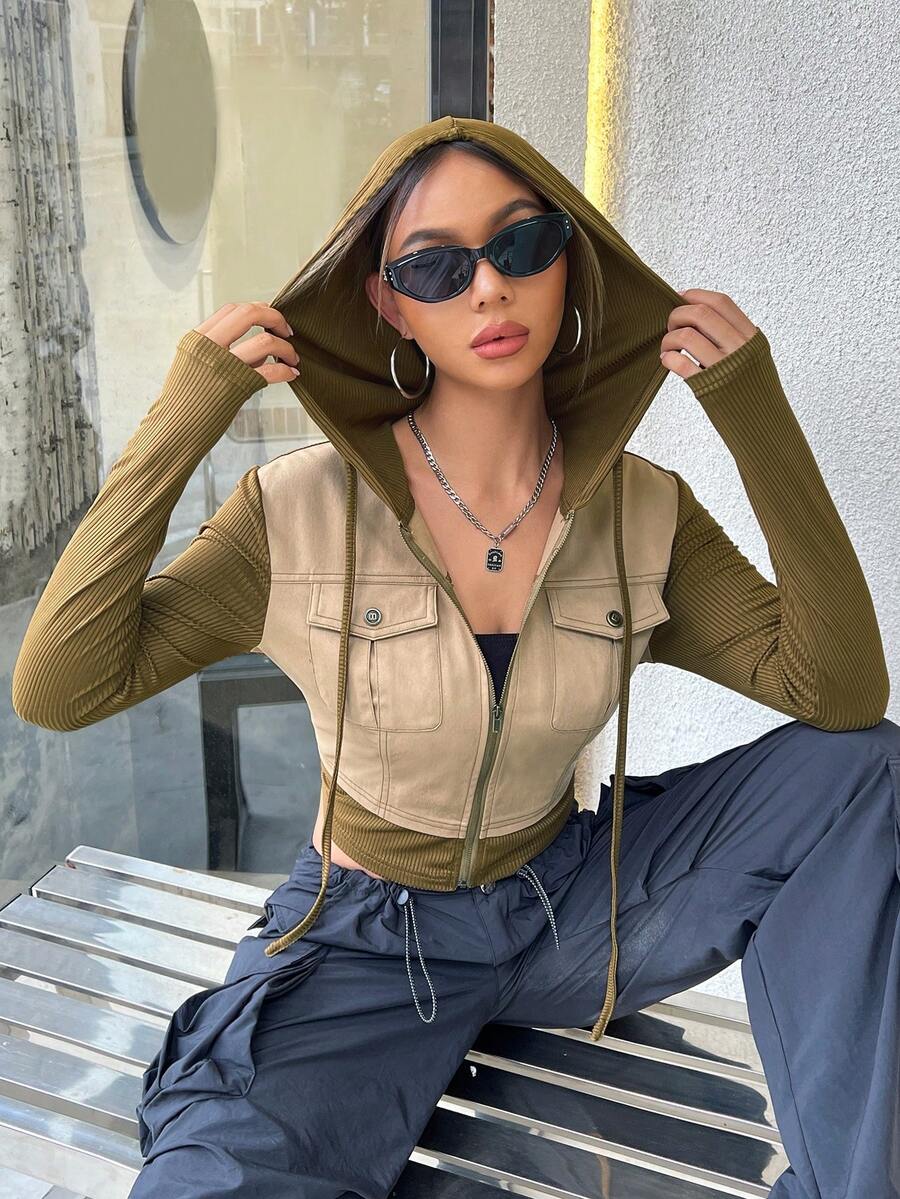 SHEIN Unity 雙色翻蓋口袋抽繩連帽短夾克 - 軍綠色 - 查看 1