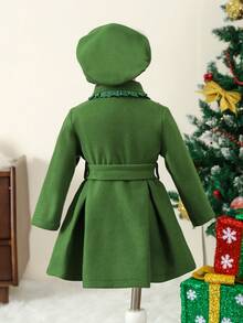 女嬰1入組拼接蕾絲邊腰帶襯衫洋裝&帽 - 綠色 - 查看 2