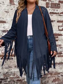 SHEIN LUNE Plus Fringe Trim Open Front Suedette Coat - Navy Blue - View 4