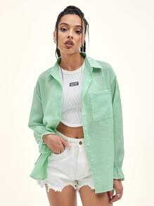 INAWLY Flounce Sleeve Pocket Patched Shirt - Mint Green - View 5