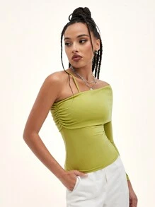 SHEIN BAE Asymmetrical Neck Solid Top - Olive Green - View 5