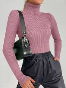 RueChic Women's Solid Color Simple Turtleneck Pullover Sweater - Pink - View 4