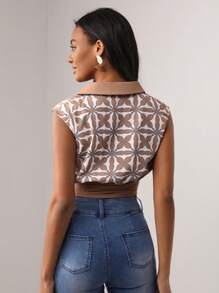 Tamara Designer Geo Print V Neck Crop Blouse, For Holiday, Vacation - Multicolor - View 2