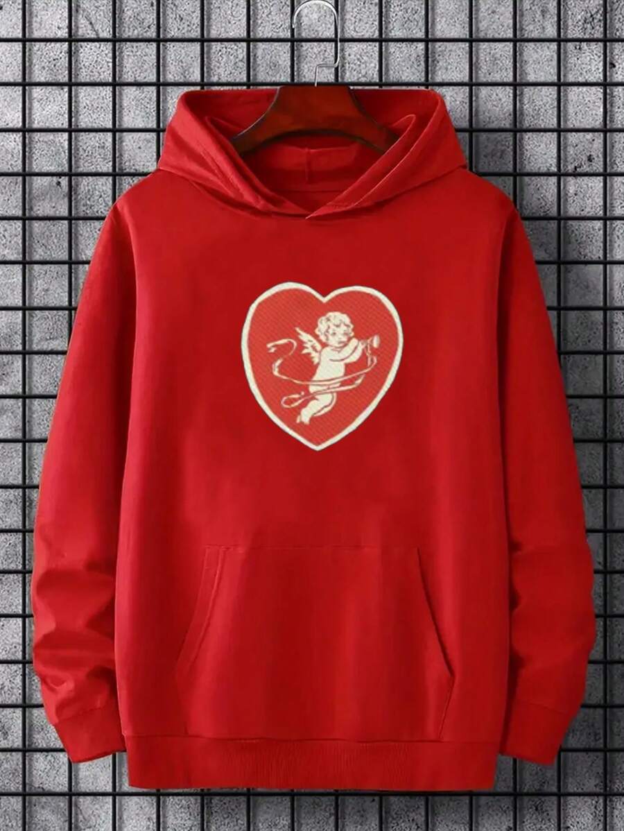 Manfinity Homme Loose Fit Men's Angel And Heart Print Hoodie With Kangaroo Pocket - Red - View 1