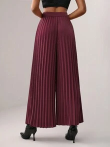 Bryanna 高腰百褶闊腿褲 - 酒紅色 - 查看 2