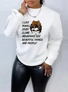 SHEIN EZwear Plus Figure & Slogan Graphic Thermal Sweatshirt - White - View 1