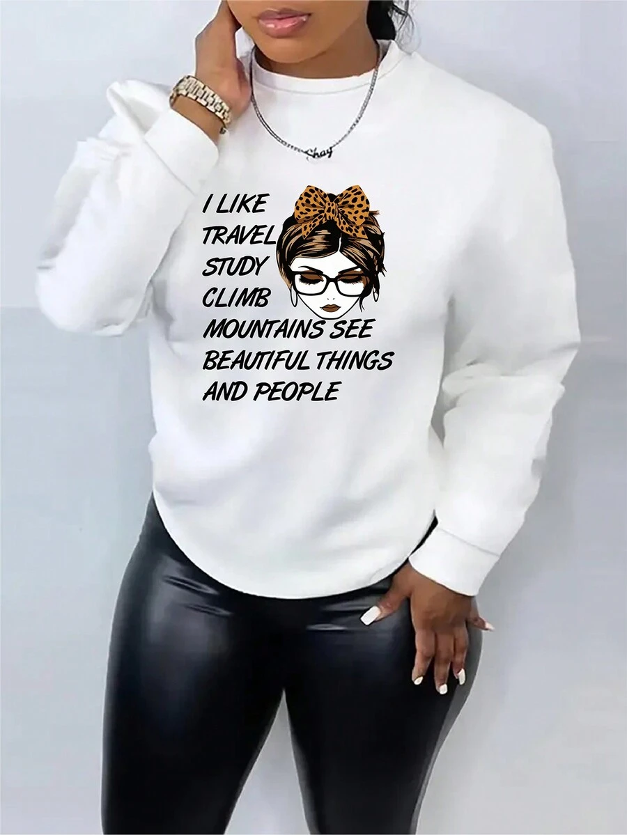 SHEIN EZwear Plus Figure & Slogan Graphic Thermal Sweatshirt - White - View 1