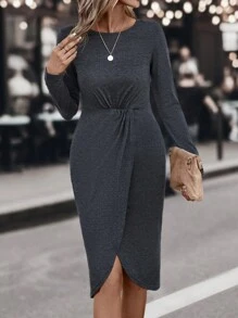 SHEIN LUNE Solid Tulip Hem Fitted Dress - Dark Grey - View 1