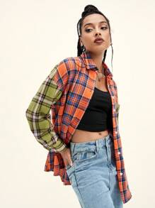 SHEIN EZwear Tartan Pocket Detail Button Up Blouse - Multicolor - View 4