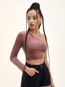 Muchica One Shoulder Ribbed Velvet Top