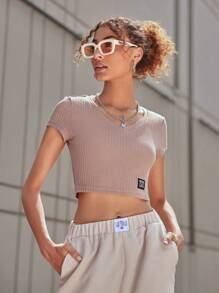 SHEIN EZwear Letter Patched Detail Waffle Knit Crop Tee - Apricot - View 6