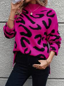 SHEIN LUNE Họa tiết Toàn thân Thả vai Cổ giả Áo len - Màu Hồng Tươi - Xem 5