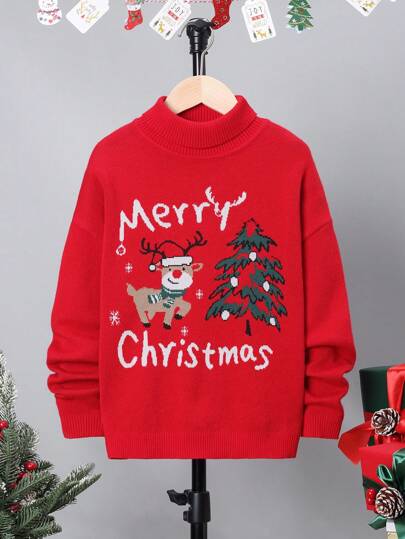SHEIN Chico preadolescente Jersey árbol de Navidad & con patrón de slogan cuello alto de hombros caídos