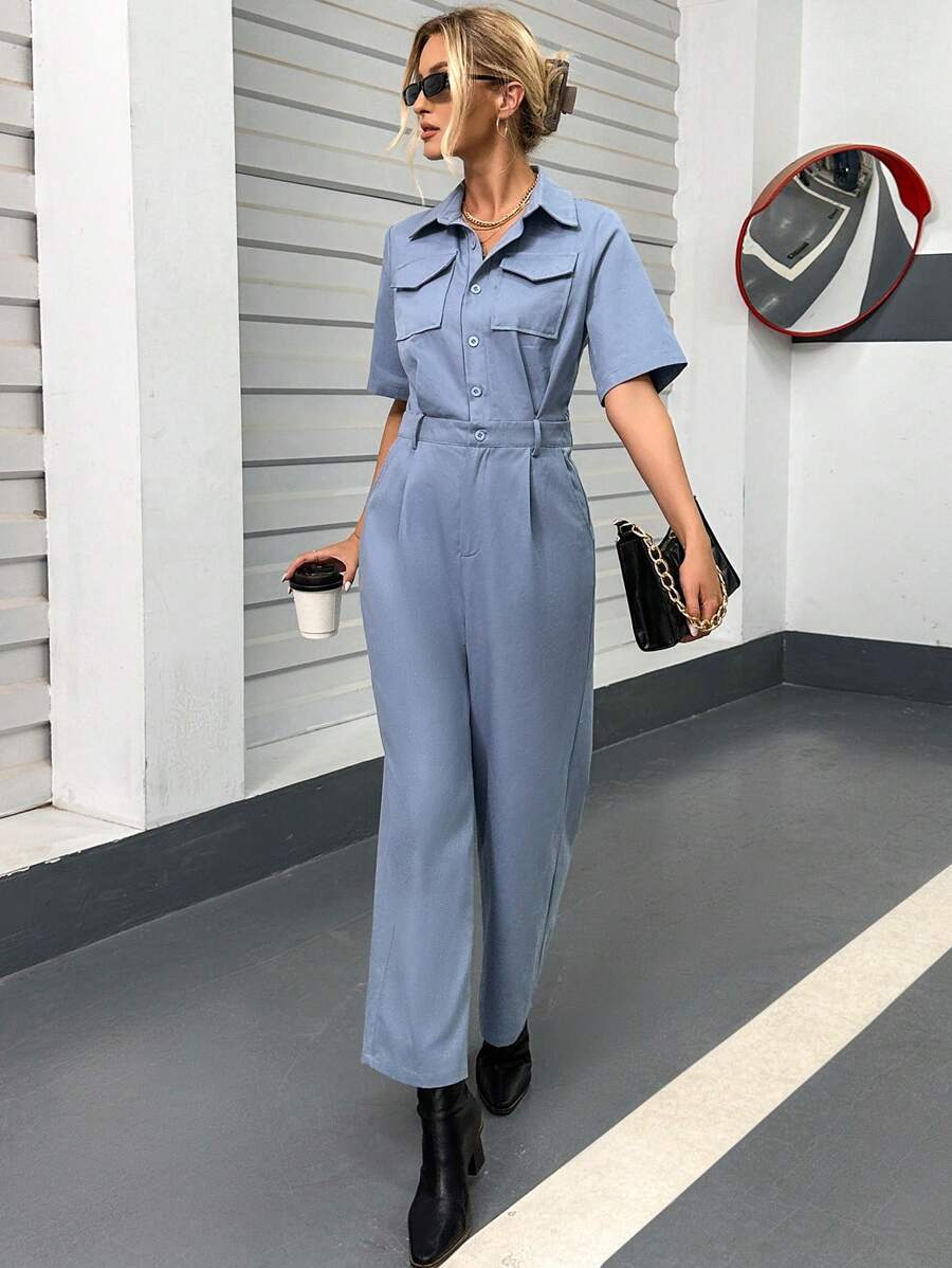 SHEIN Essnce 翻蓋口袋襯衫連體褲 - 卡其色 - 查看 1