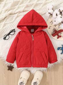 Baby Girl Zip Up Hooded Quilted Jacket - Red - View 1