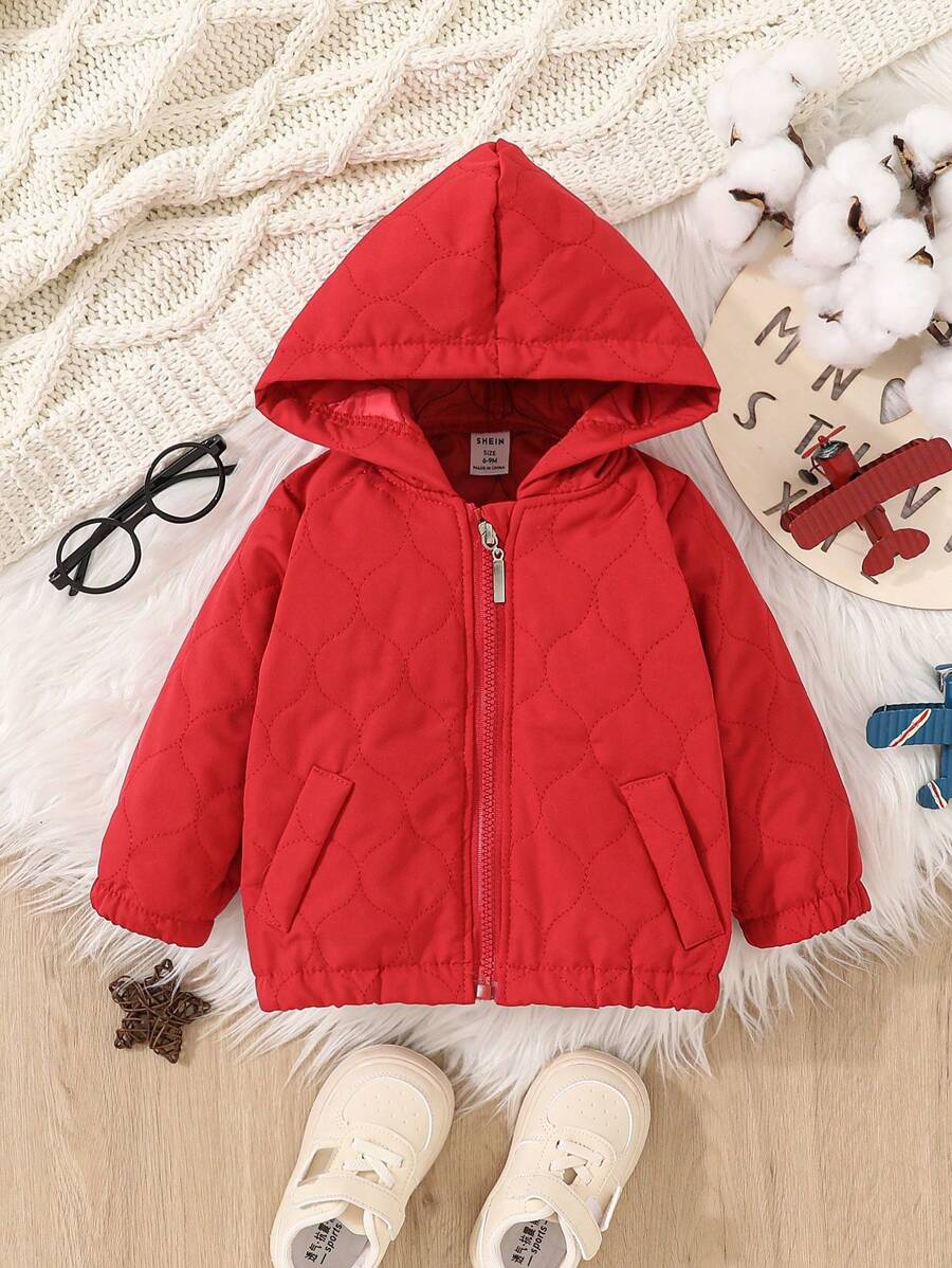 Baby Girl Zip Up Hooded Quilted Jacket - Red - View 1