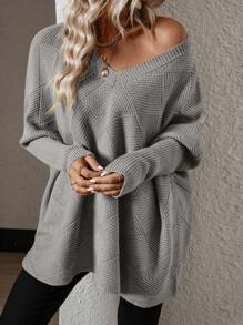 SHEIN Essnce 素色蝙蝠袖V領套頭毛衣 - 灰色 - 查看 3