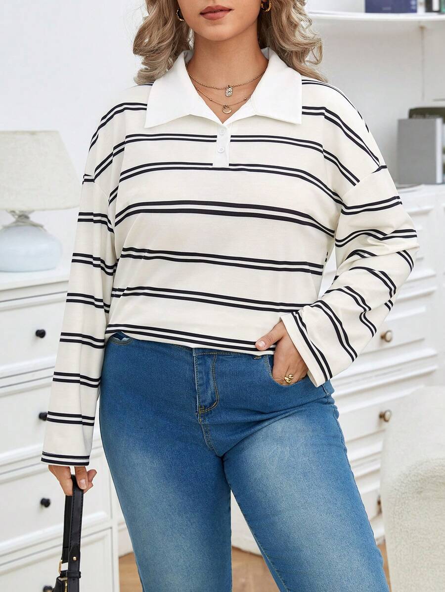 SHEIN Frenchy 大碼條紋印花Polo領落肩T恤 - 杏色 - 查看 1