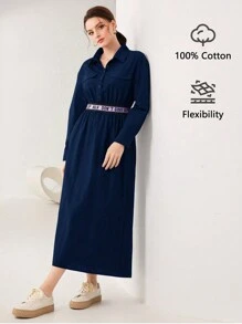 Seusyu 字母飾帶翻蓋細節襯衫連身裙 - 寶藍色 - 查看 4