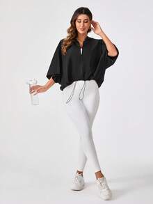 SHEIN Daily&Casual Batwing Sleeve Drawstring Hem Zip Up Sports Hooded Jacket - Black - View 4