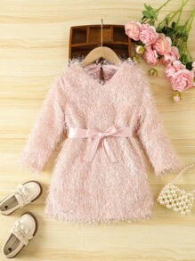 SHEIN Young Girl Solid Fuzzy Belted Dress - Pink - View 6