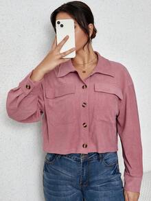 SHEIN Franclia 大碼翻蓋口袋落肩袖燈芯絨夾克 - 粉色 - 查看 4