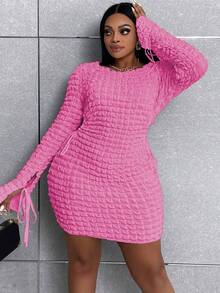Maweii Plus Cutout Knot Side Flounce Sleeve Bodycon Dress - Pink - View 6