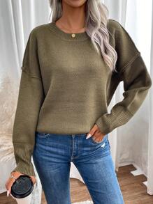 SHEIN Essnce 素色落肩袖套頭毛衣 - 軍綠色 - 查看 1