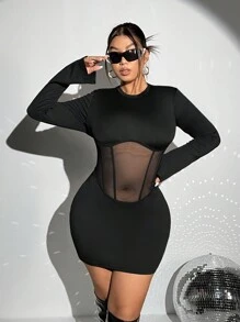 SHEIN ICON Plus Contrast Mesh Keyhole Back Bodycon Dress - Black - View 4