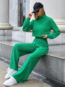SHEIN Essnce High Neck Drop Shoulder Crop Sweatshirt & Wide Leg Pants - Green - View 1