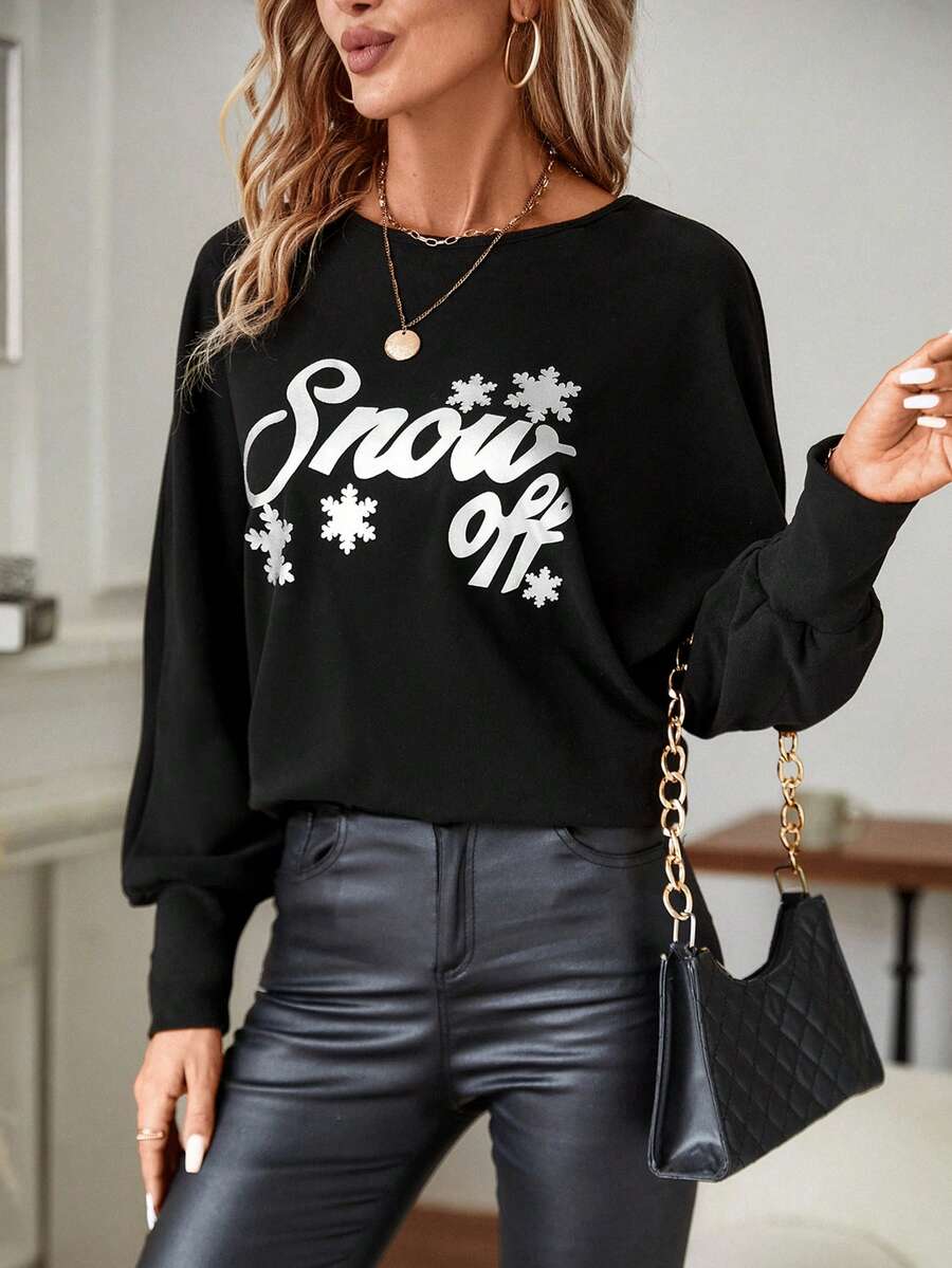 SHEIN LUNE Snowflake & Letter Graphic Batwing Sleeve Tee - Black - View 1
