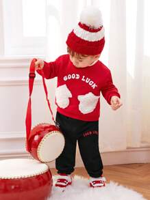 SHEIN Sudadera Con Capucha Y Pantalón De Chándal Para Bebé Con Letras Y Gráficos, Con Bolsillo Y Parches De Osito De Peluche