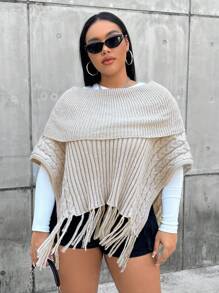 Flirla Plus 1 pièce Poncho Pliable Col Bardot À Franges Manches Chauve-Souris