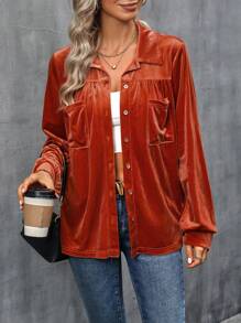 EMERY ROSE 1入組口袋貼布前紐扣襯衫 - 橘色 - 查看 1